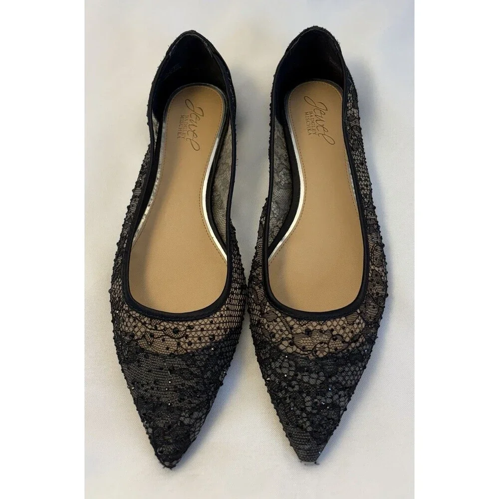 Jewel Badgley Mischka Juliana Black Ballet Flats US 8.5 Mesh Lace Pointed Toe